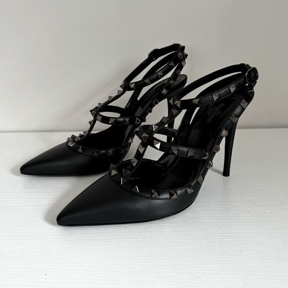 ⭕️ VALENTINO Sandals Heels Black Leather Rockstud Ankle Strap 39 - Picture 5 of 11